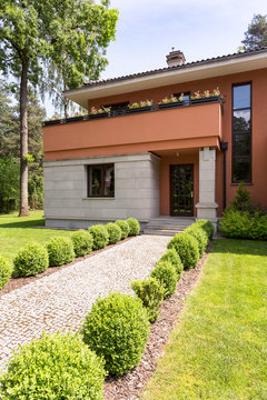 Contemporary house exterior with pathway
