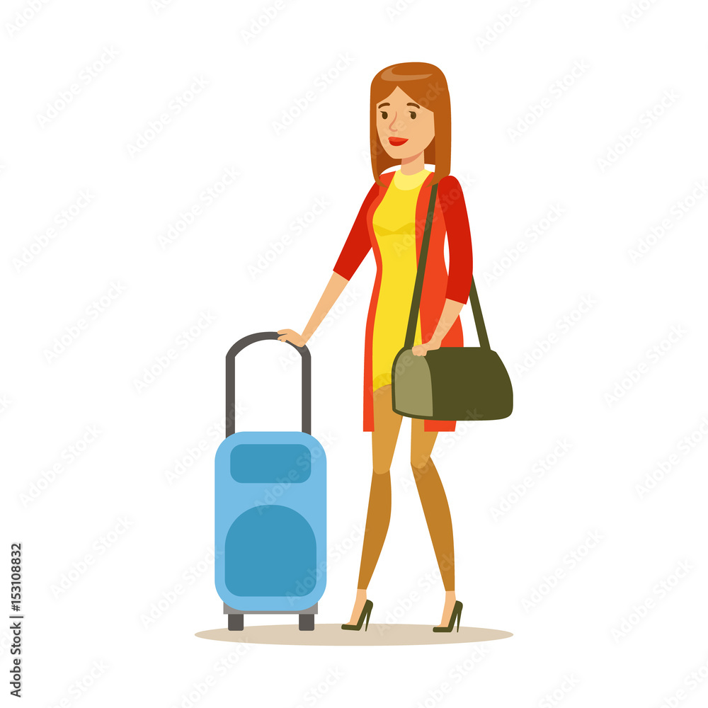 Sticker Young woman traveling with suitcase. Colorful cartoon character vector Illustration