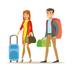 Tourists couple with travel bags. People traveling colorful cartoon character vector Illustration