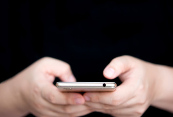 Girl transfer information on mobile device.