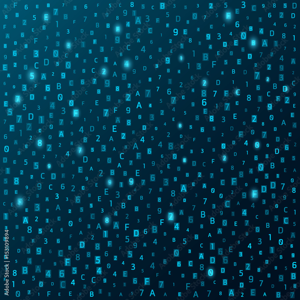 Poster hexadecimal number system. abstract modern background. glowing numbers and letters are blue. hi-tech