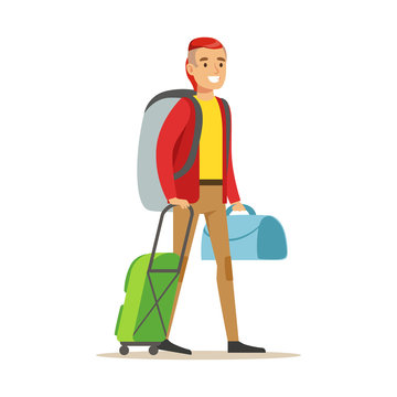 Smiling man traveler standing with backpack and suitcases. Colorful cartoon character vector Illustration