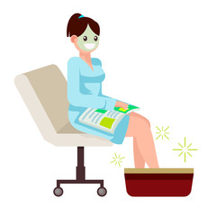 Woman at spa salon, sits with a magazine. Foot massager. Vector flat illustration