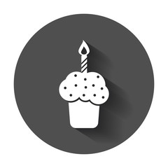 Birthday cake flat icon. Fresh pie muffin vector illustration in flat style with long shadow.