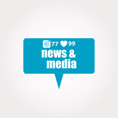 News and press concept: words News and media . Labels with text, heart, camera and counters
