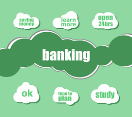 banking word. Business concept . word lettering typography with line icons and tag cloud on green background. Creative idea concept