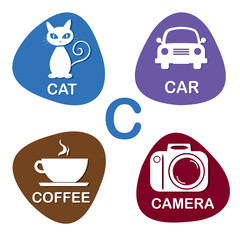 Cute alphabet in vector. C letter for Cat, Car, Coffee and Camera