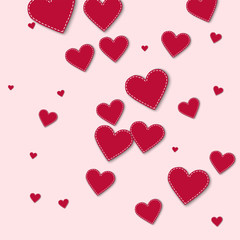 Red stitched paper hearts. Chaotic scatter lines on light pink background. Vector illustration.