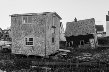 Black and white photo of dilapidated buildings, New Glasgow, Prince Edward Island, Canada