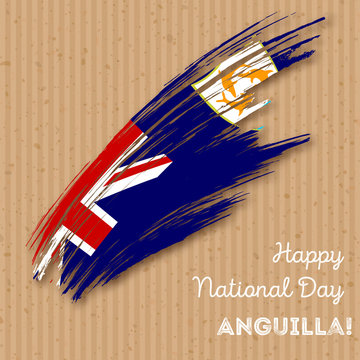 Anguilla Independence Day Patriotic Design. Expressive Brush Stroke in National Flag Colors on kraft paper background. Happy Independence Day Anguilla Vector Greeting Card.