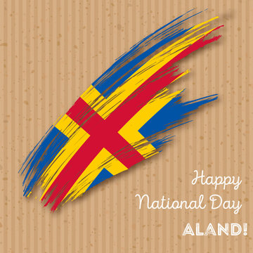 Aland Independence Day Patriotic Design. Expressive Brush Stroke in National Flag Colors on kraft paper background. Happy Independence Day Aland Vector Greeting Card.