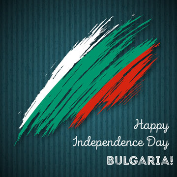 Bulgaria Independence Day Patriotic Design. Expressive Brush Stroke in National Flag Colors on dark striped background. Happy Independence Day Bulgaria Vector Greeting Card.