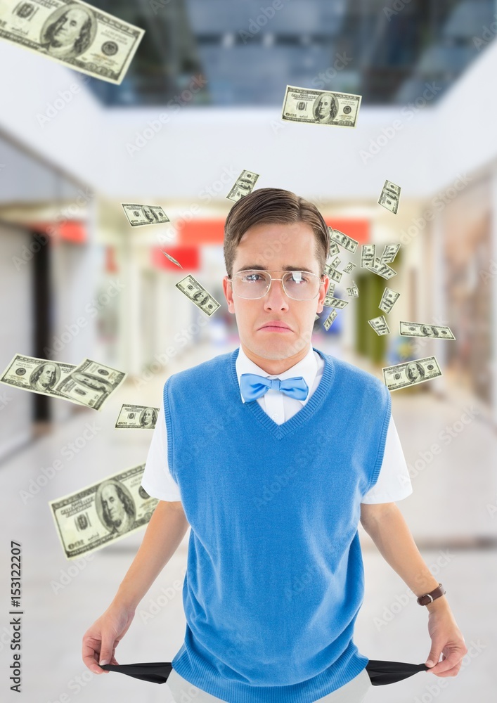 Poster man showing empty pockets while money falling