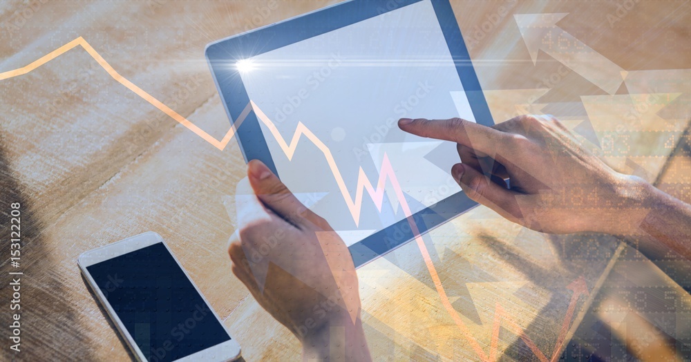 Poster hands using digital tablet with overlay