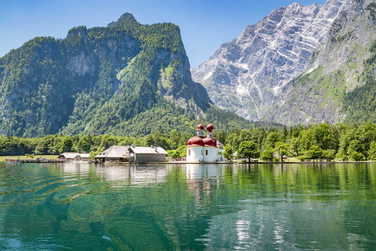 Koenigssee with St. Bartholomae near Berchtesgaden, Bavaria, Germany