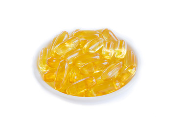 Cod liver oil omega3 gel capsule on white background