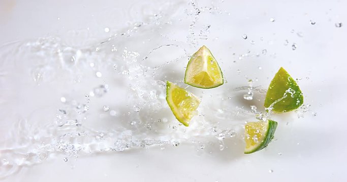 Green Lemons, citrus aurantifolia , Fruits falling on Water against White Background, Slow Motion 4K