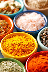 Spices in colorful bowls viewed from above. Various seasonings on a dark background. Italian mix, cumin, chili pepper, curry powder, Himalayan salt, pepper, garlic, cinnamon, dried tomato. Top view
