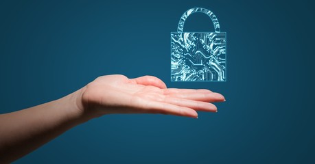 Hand with blue lock graphic over palm 