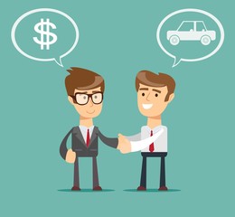 auto dealer with new owner shaking hands in auto show or salon. Man Buying a Car