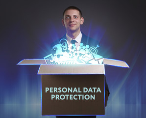 Business, Technology, Internet and network concept. Young businessman shows the word: Personal data...