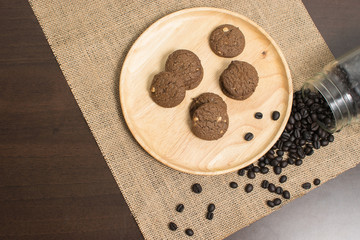 chocolate chip cookies on wood background