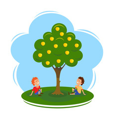 Obraz na płótnie Canvas Boys near the apple tree. Cartoon vector illustration of an apple tree and two seated boys. Flat style. Vector drawing