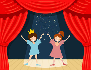 Naklejka premium Abstract children's theater. Little girls on the stage of the theater. The play in the kindergarten. Vector illustration