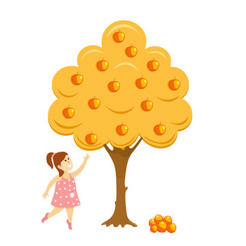 Girl near the apple tree. Abstract illustration of a little girl in a dress picking apples near an apple tree. Vector illustration