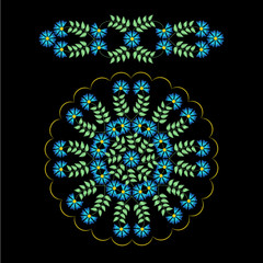 Rosette and border of wild flowers. Stylish, fashionable, bright floral arrangements for embroidery textile products