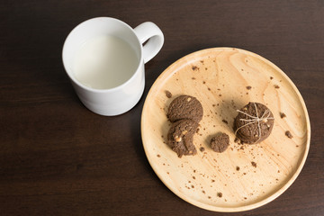 chocolate chip cookies on wood background