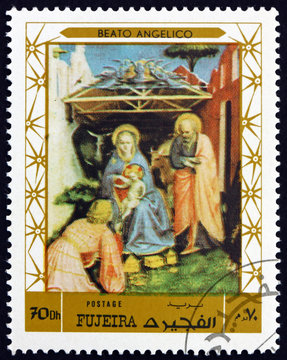 Postage stamp Fujeira 1972 Nativity, Painting by Beato Angelico
