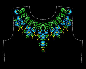 Stylish, fashionable, bright floral arrangements of summer wild flowers for embroidery textile products. A pattern for decorating the neck of clothing