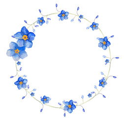 Blue round frame forget me not and bindweed spring flowers in bouquet for wedding. Decorative element for greeting card, textile, paper, wallpaper, craft, package, label, logo, invitation