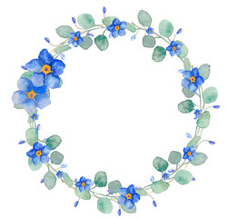 Blue circle frame forget me not and bindweed spring flowers with leaves eucalyptus in bouquet for wedding. Decorative frame element for greeting card, textile, paper, package, label, logo,tag,