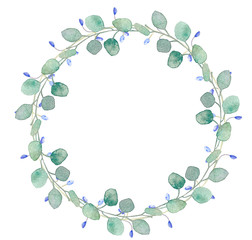 Blue circle frame forget me not and bindweed spring flowers with leaves eucalyptus in bouquet for wedding. Decorative frame element for greeting card, textile, paper, package, label, logo,tag,