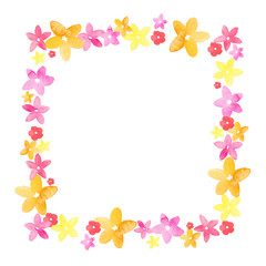 Fototapeta premium pink,orange,yellow ,red wildflower meadow and bindweed spring flowers square frame. Decorative element for greeting card, textile, paper, wallpaper, craft, package, label, logo