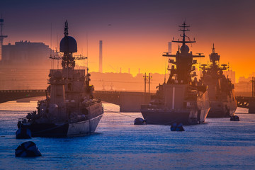 Parade of warships. Feast of the military navy. St. Petersburg.
