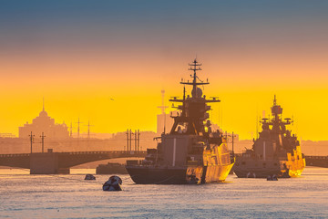 Warships. A squadron of military cruisers. St. Petersburg.