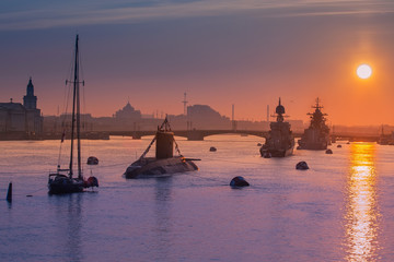 Parade of warships. Feast of the military navy. St. Petersburg.
