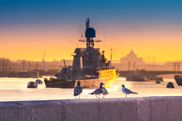 Warships. A squadron of military cruisers. St. Petersburg.