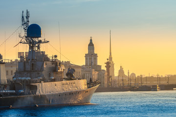 St. Petersburg. Neva. Warships. Holiday of the Russian Navy.