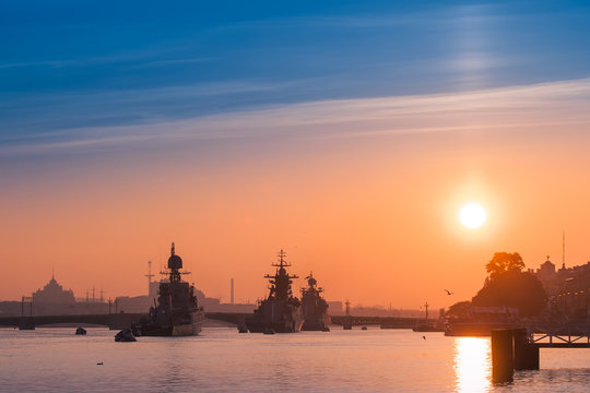 Parade of warships. Feast of the military navy. St. Petersburg.