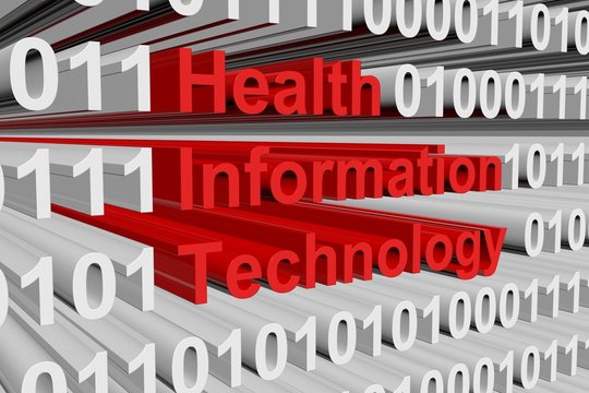 Health information technology in the form of binary code, 3D illustration