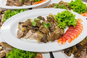 Steam pork leg with vegetable food background 