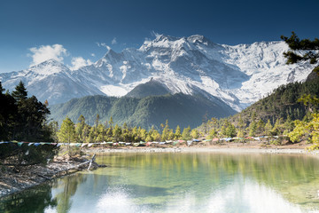 Lake in front on the   Annapurna circuit,trekking in Nepal