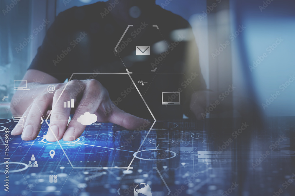 Aufkleber businessman hand working with modern computer in modern office with virtual icon diagram