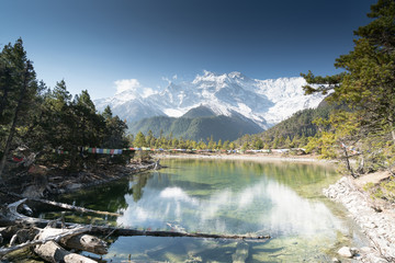 Lake in front on the   Annapurna circuit,trekking in Nepal