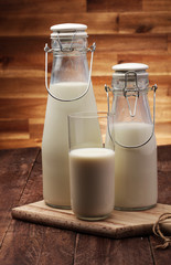 milk products - tasty healthy dairy products on a table on: and