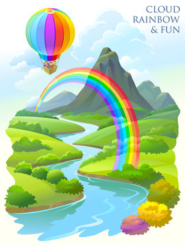 Children flying in a balloon and having fun over a beautiful landscape. 